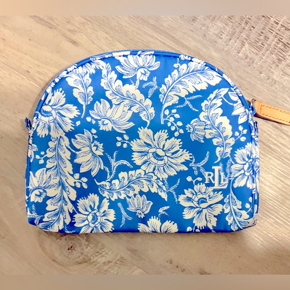 Lauren Ralph Lauren cosmetic bag with signature logo in blue and white.